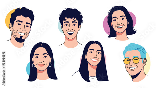 Diverse group of happy people with different ethnic backgrounds and hairstyles are smiling together in this colorful illustration.