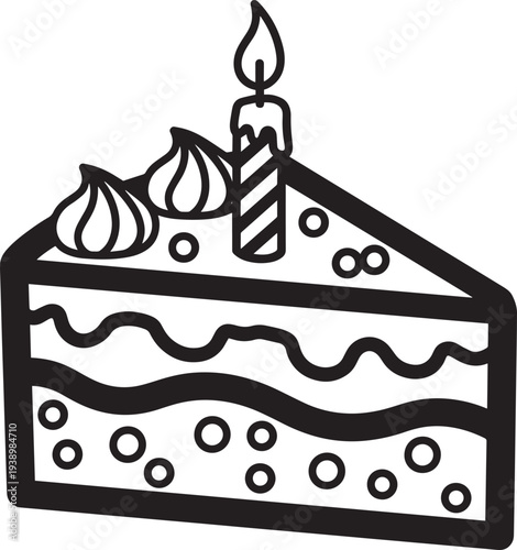 Birthday Cake Slice with Candle in Simple Line Art Style with Black and White Color on Plain White Background for Celebration Invitation