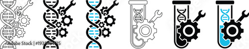 Biotechnology Genetic Engineering Icon Set with DNA Helix Test Tube Gears and Wrench Tools