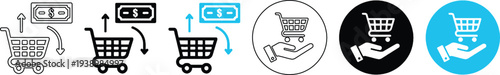 Shopping Cart with Money and Hand Icon Set for E-commerce Business and Online Retail Payment Design