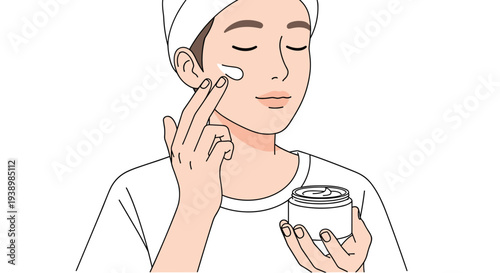 Woman applying moisturizer to face with serene expression