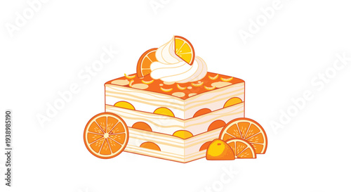 Delicious orange cake slice with whipped cream and fresh slices