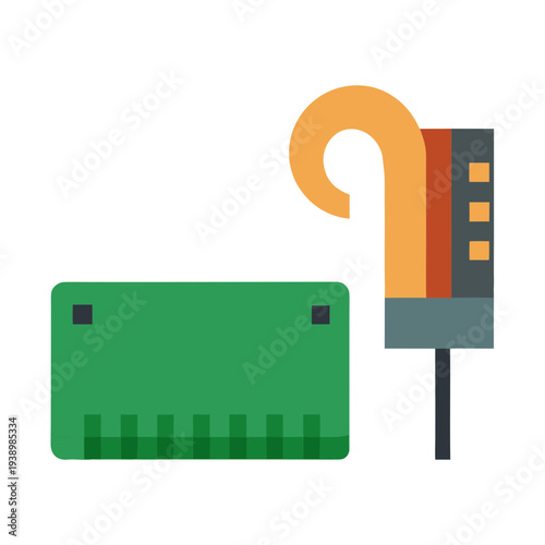 Modern green RAM stick and orange SSD drive on white background technology