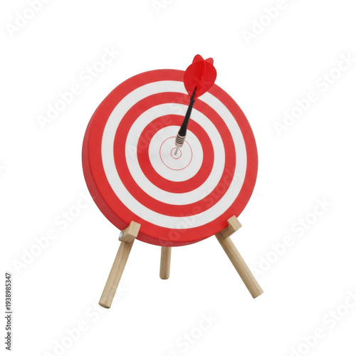 A red target with an arrow hitting the bullseye on a wooden stand isolated on transparent background