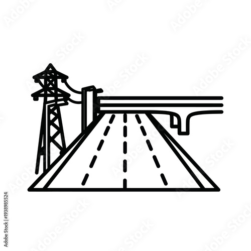 Line art road with power line tower and overpass infrastructure