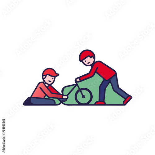 Child falling off bike helped by friend flat vector illustration outdoor safety