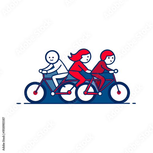 Three kids racing bicycles together on flat track cartoon style
