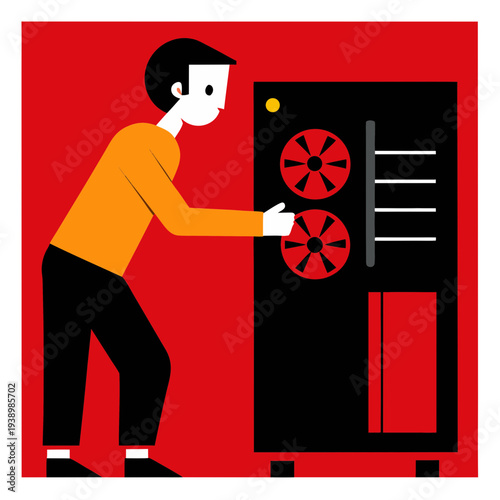 Technician upgrading gaming PC GPU with precision tools red background