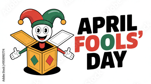 April fools' day cartoon character emerging from jack in the box with colorful text on white background