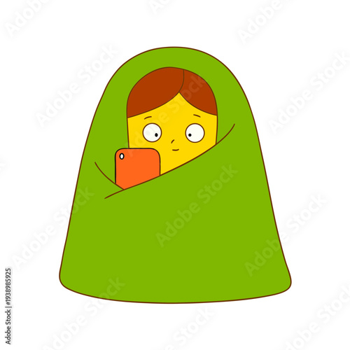 Child hiding under green blanket using smartphone at night