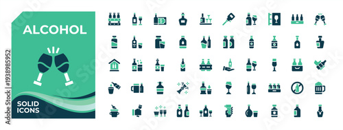 Alcohol colorful filled icon collection. Related to bar, wine, beer, martini, restaurant and more. Flat solid icons set. Cocktail solid icon set. Vector artwork and illustration.