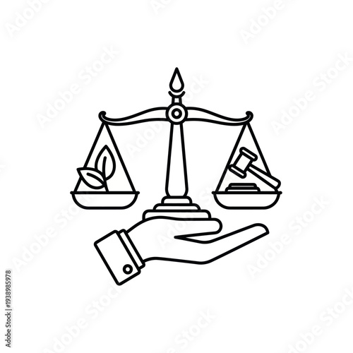 Hand holding scales balancing nature and law