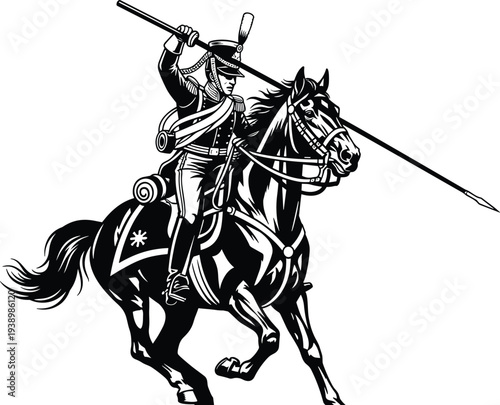 Vintage cavalry soldier riding horse silhouette, historical military lancer with spear vector illustration, isolated nineteenth century army officer warrior icon, traditional war art. (24 words)