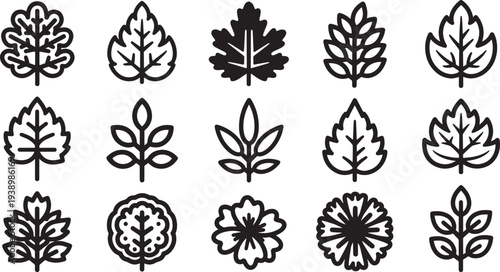 Black and white leaf icons in various styles and shapes for graphic design