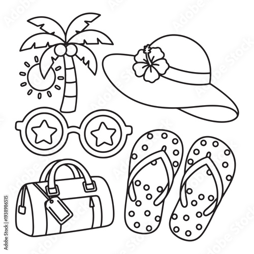Summer Beach Accessories Coloring Page with Palm Tree, Sunglasses and Hat for Kids
