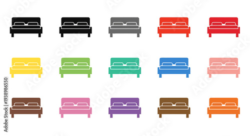 Fifteen stylized bed icons in a variety of colors on a white background.