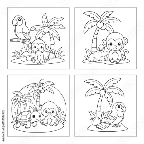 Cute Jungle Animals Coloring Pages with Monkey, Turtle and Parrot for Kids
