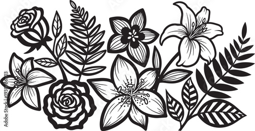 Floral Arrangement Line Art Illustration in Black and White with Elegant Leaves for Greeting Cards