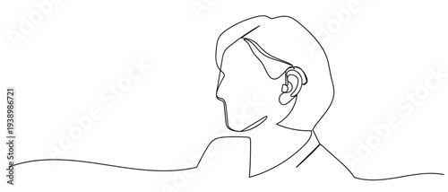 Minimalist continuous one line art drawing of a person wearing a hearing aid in their ear. Editable stroke.