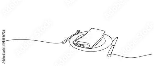 Minimalist continuous one line art drawing of a napkin folded on a dining table. Editable stroke.