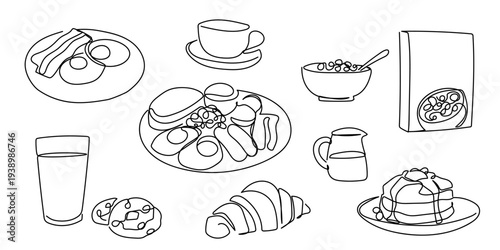 Set of hand drawn continuous one line elements for breakfast, cereal, cereal box, bacon and fried egg, coffee cup, pancakes, milk and cookies. Editable stroke.