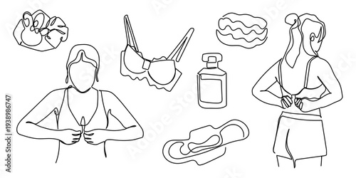A set of hand drawn, continuous one line elements depicting a woman's daily life a woman putting on a bra, a perfume bottle, a sanitary pad, a bra, a body scrub, and a cute hair tie. Editable stroke.
