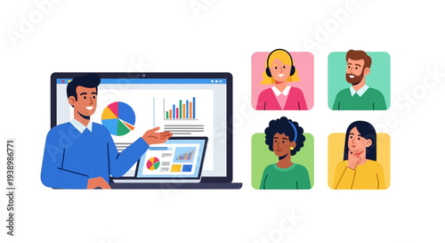 Online video conference with participants communicating via laptop screens and a presenter sharing charts