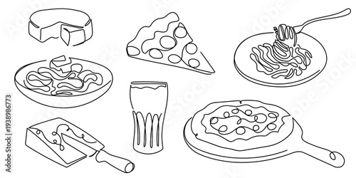 Set of hand drawn continuous one line elements for Italian food, pasta, spaghetti, pizza, soda glass, and cheese. Editable stroke.