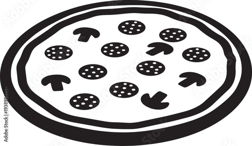 Pizza with Mushrooms and Olives in Simple Monochrome Illustration on White Background for Menu Design