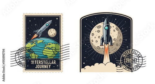 Vintage Space Travel Stamps Featuring Rockets and Planets.