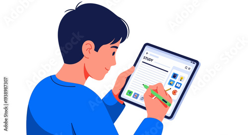 Engaged Young Person Learning and Creating Digitally Utilizing a Stylus with a Tablet for Online Education and Creative Expression