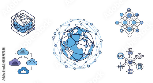 Global Network Technology Icon Set with Cloud Computing Data Connectivity Blockchain and Digital Communication Systems