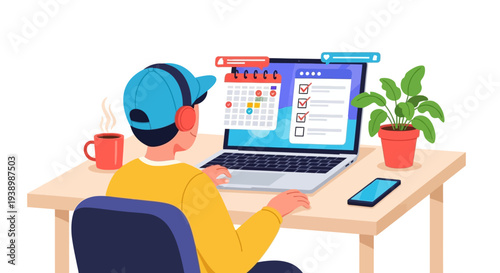 Young Person Managing Online Tasks and Schedule with Laptop, Highlighting Productivity, Remote Work, and Digital Organization