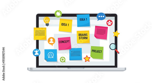 Creative Brainstorming and Idea Generation on a Laptop with Sticky Notes and Icons