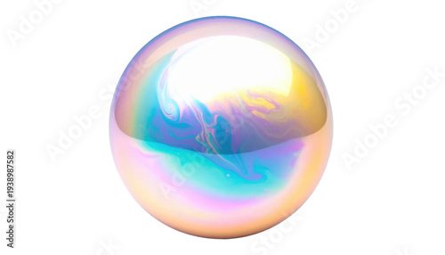 Iridescent Bubble with Smooth Surface and Multicolored Reflections on a Transparent Background