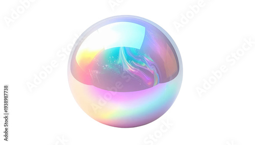 Iridescent Transparent Bubble with Colorful Reflections and Soft Light Effects on Dark Background