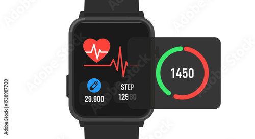 Digital smartwatch displaying essential health and fitness data. Features heart rate monitoring, daily step count, and a clear calorie goal visualization for personal wellness