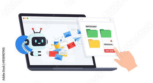 Automated Email Management with a Chatbot Assistant on a Laptop Screen, Organizing Files and Communication
