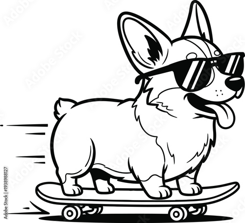 Black and white coloring book illustration, a playful corgi puppy wearing sunglasses, sitting on a skateboard