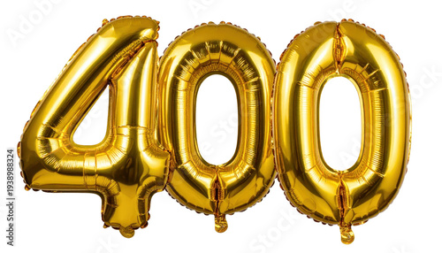 Shiny Golden Inflatable Number Balloons Representing Four Hundred in Transparent Background