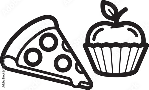 Pizza Slice and Cupcake in Simple Line Art Style with Black Outline on White Background for Food Illustration