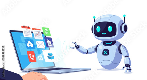 Digital AI assistant efficiently managing applications and streamlining online tasks on a laptop, offering a futuristic approach to productivity and workspace automation