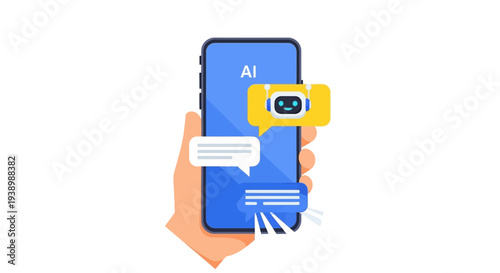 Smartphone displaying AI chat bubble with robot icon indicating artificial intelligence assistance and communication technology