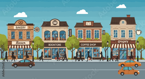 Charming Main Street with Shops and Pedestrians, Small Town Atmosphere