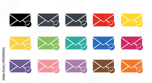 A collection of colorful email envelope icons with checkmarks, symbolizing successful message delivery or read status in digital communication.