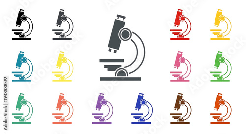 Microscope icons set colorful science laboratory.
