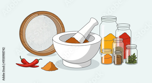 Mortar and Pestle with Spices and Chilies, Sieve, Jars - Culinary Ingredients