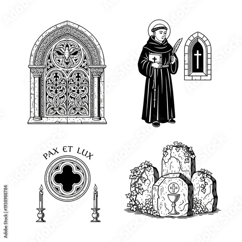 Christianity Symbols: Monk, Gothic Arch, Cross, Chalice, Candles, Pax Et Lux