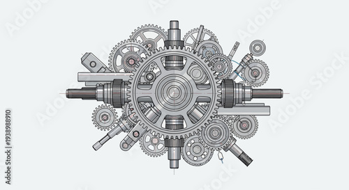 Complex Mechanical Gears System, Intricate Machine Parts, Engineering and Technology Concept