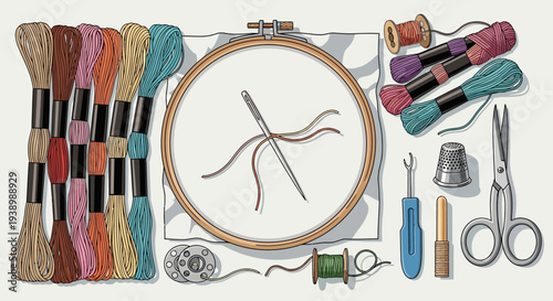 Embroidery Kit: Colorful Threads, Hoop, Needle, Scissors, Thimble, and Bobbins - Craft Supplies